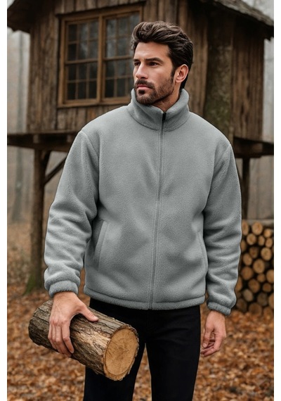 Ghassy Co. Erkek Pro Termal İç Dış Sherpa Sonbahar Kış Tam Fermuarlı Peluş Sweatshirt Açık Gri