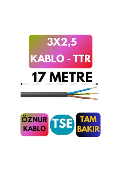 Öznur 3x2,5 Ttr Kablo Metre Seçenekli Siyah - 17 Metre