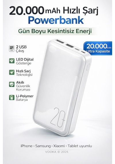 20.000 Mah Powerbank Hızlı Şarj Led Göstergeli Çift Usb Type-c Girişli Taşınabilir Şarj Cihazı Beyaz
