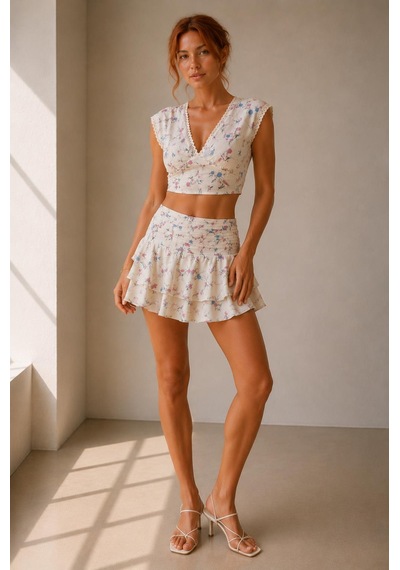 Alexandergardi Floral Dantel Detaylı Crop Top Ve Etek Ekru