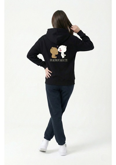 Unisex Oversize Ayıcık Baskılı Çift Hoodie Siyah