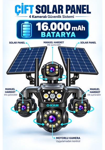 O-kam Oks340 12mp 4 Kameralı 4g Çift Solar Panel Gece Görüş 128gb Hafıza Kartı 15gb İnternet Akıllı Kamera