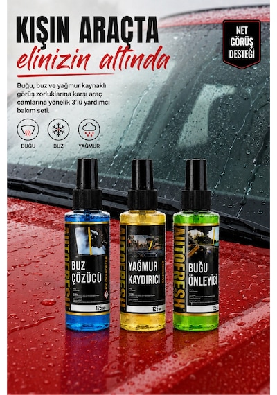 Kışlık 3'lü Oto Bakım Sprey Set Buğu Önleyici Buz Cözücü Yağmur Kaydırıcı 3x125ml