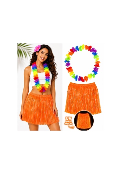 Neon Turuncu Hawaii Etek 40 Cm Ve Rengarenk Hawaii Kolye