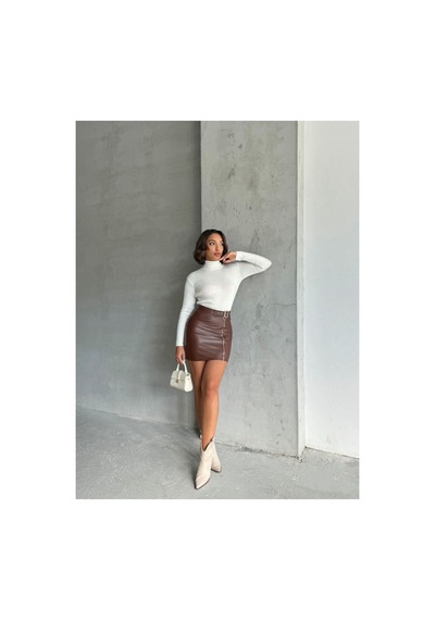 Verymoda Fermuarlı Deri Etek F0125 Kahve