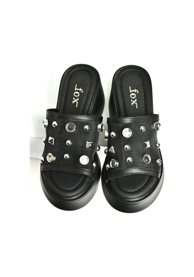 Fox Shoes U973622009 Siyah Kalın Tabanlı Kadın Terlik Siyah-suni Deri Siyah
