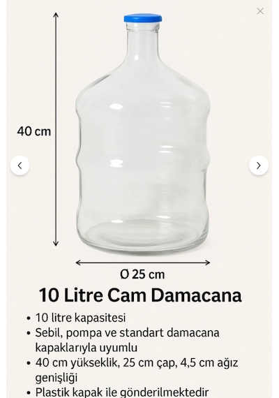 10 Litre Cam Damacana Sebil Uyumlu, Plastik Kapaklı Şeffaf