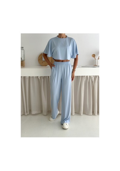 Gugus Yazlık Takım - Alt Üst Kadın Dokulu Kumaş -baggy Pantolon + Salaş Üst Bebe Mavisi Gugus Yazlık Takım - Alt Üst Kadın Dokulu Kumaş -baggy Pantolon + Salaş Üst Bebe Mavisi