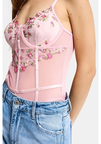 Kadın Pembe W5 Çıtçıtlı Toparlayıcı Özel Çiçek Ve Dantel Desenli Tasarım Askılı Body