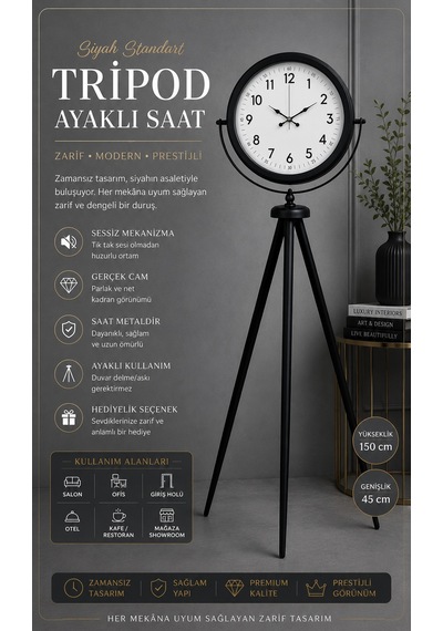 Siyah Standart Tripod Ayaklı Saat
