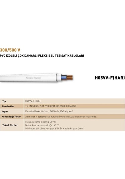 Ttr Ho5vv-f 2x1.5 Mm2 Beyaz Kablo, Pvc İzoleli, Çok Damarlı, 300/500v, 1 M