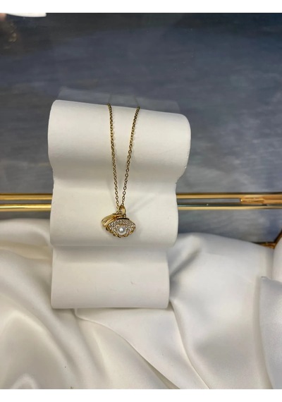 Gold Kadın İncili İstiridye Model Paslanmaz Çelik Kolye 55 Cm Zincir Çelik