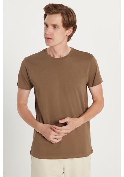 Tudors Unisex Slim Fit Dar Kesim %100 Pamuk Yumuşak Dokulu Kahverengi Bisiklet Yaka Tişört-34607 Kahverengi