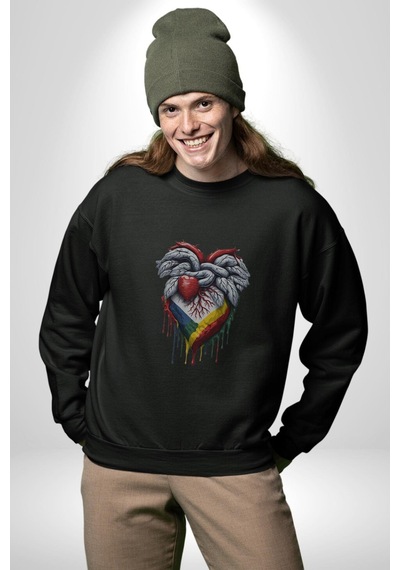 Kalp Damar Renkli Boyalı Unisex Siyah Baskılı Sweatshirt Siyah