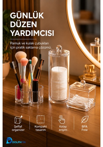 3 Lü Şeffaf Makyaj Organizer Seti Pamukluk Kulak Çubuğu Kutusu Ve Fırça Düzenleyici