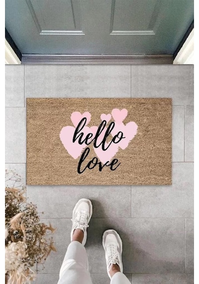Pembe Kapı Önü Paspası Hello Love Desen K-3291 Renkli