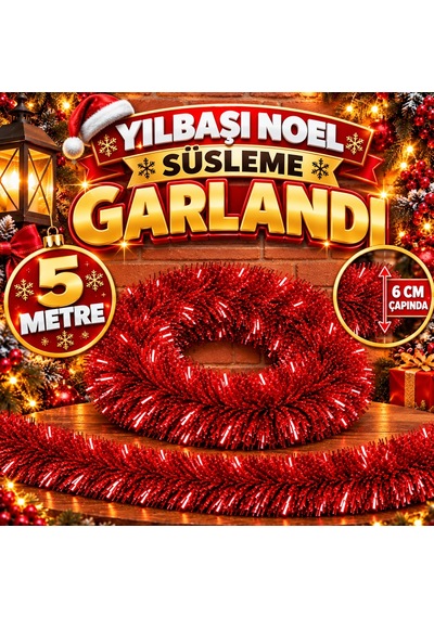 5 Metre Kırmızı Garland Kırmızı Çam Dalı 6 Cm Çap Yılbaşı Garlandı Parlak Metalik Dekor İnce Garland Diğer