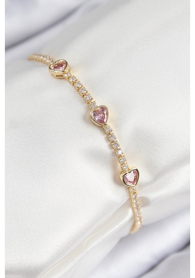 Pirinç Zirkon Taşlı Pembe Kalp Model Gold Renk Kadın Bileklik Renk Renk