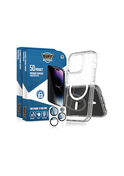 Buff Apple iPhone Uyumlu  14 Pro Max - 2x5d Ekran Koruyucu + Magsafe Kılıf + Lens Koruyucu Privacy Hayalet