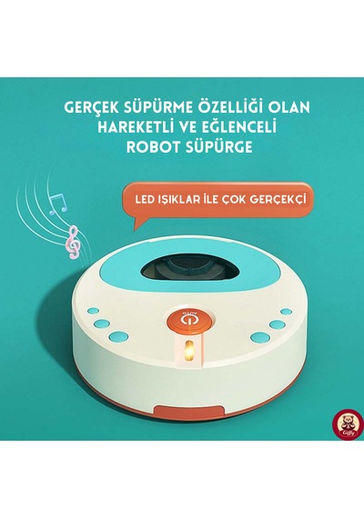 Oyuncak Pilli Robot Süpürge Sesli Ve Işıklı Gerçek Süpürme Özelliği Ve Farklı Yönlere Giden Robot Beyaz