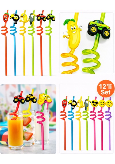 12'li Figürlü Renkli Eğlenceli Spiral Pipet