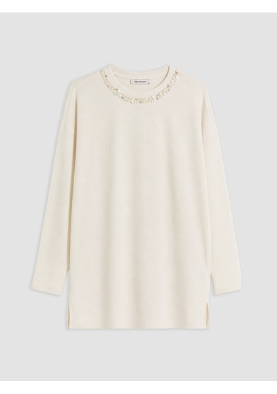 Lcw Everyday Ekru Taşlı Soft Touch Oversize Kadın Sweatshirt Tunik