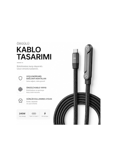 Type-c To Type-c Katlanabilir Standlı Hızlı Şarj Data Kablosu İphone Android Uyumlu 1m Siyah