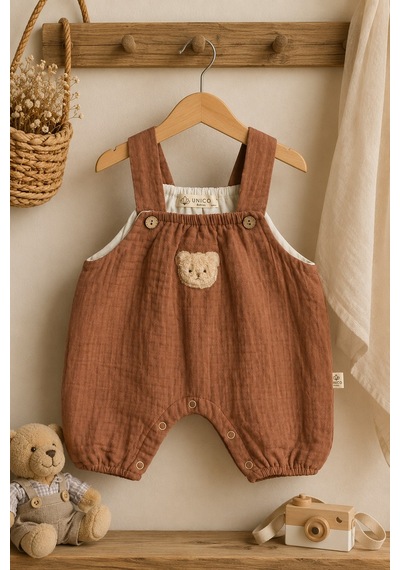 Mnk Baby & Kids Ayıcık Detaylı %100 Pamuk Müslin Erkek Bebek Tulum M00847 Kahverengi