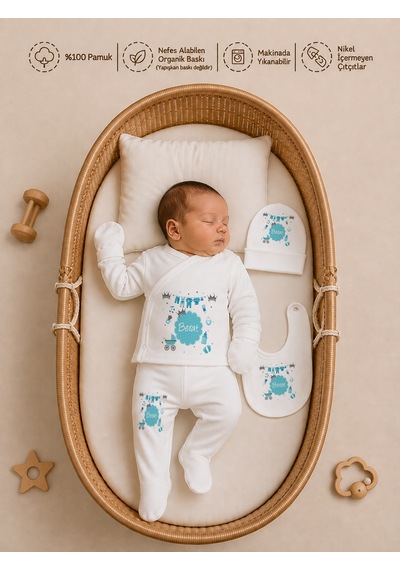 Pia Baby İsme Özel Erkek Bebek %100 Pamuk Zıbın Şapka Önlük Eldivenli Set 2031z3x Krem