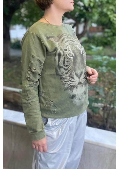 Mia Butik Kadın Haki Kaplan Desenli Sweat Haki
