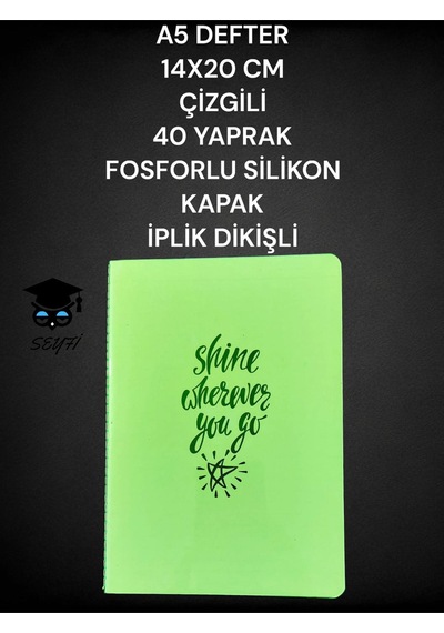 A5 Defter 14x20 Cm Çizgili 40 Yaprak Fosforlu Silikon Kapak İplik Dikişli Yeşil