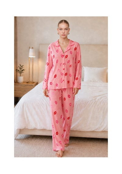 Fit Women Kadın Dudak Desenli Pembe Pijama Takımı 4677