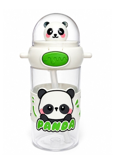 Panda 500 Ml Taşıma Askılı Matara Pipetli, Karakter Figürlü, Sızdırmaz Çocuk Su Matarası Beyaz