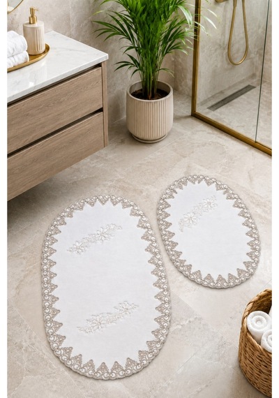 Gold-gümüş 2li Fransız Dantelli Lüks Banyo Paspası Kaymaz Çeyizlik Oval Banyo Paspas Seti Lauris