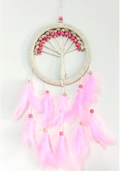 Pembe Kuş Tüylü Hayat Ağacı Dream Catcher Duvar Süsü