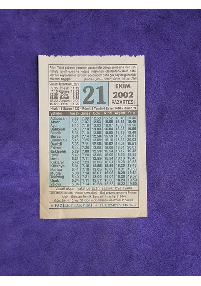 21 Ekim 2002 Takvim Yaprağı - Nostalji Koleksiyonluk Takvim Yaprağı