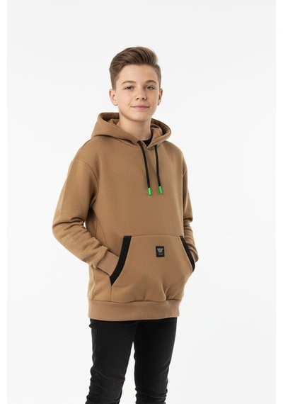 Kapüşonlu Kanguru Cepli Detaylı Şardonlu 100% Pamuk 3 İplik Erkek Çocuk Sweatshirt-90841 Kahverengi