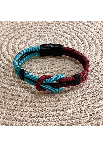 Bordo Mavi Taraftar Temalı Deri&makreme Düğüm Model Bileklik Net 21cm Bordo - Mavi