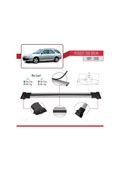 Peugeot 306 Estate 1997-2001 Arası İle Uyumlu Fly Model Ara Atkı Tavan Barı Gri