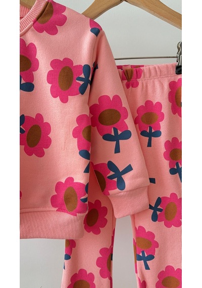 Magu Kız Çocuk Pamuklu Çiçek Desenli Pembe Sweatshirt Ve Tayt Takımı Çok Renkli