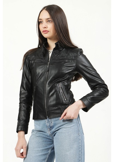 Dericlub Siena Kadın Slim Fit Hakiki Deri Mont Siyah Null Siyah
