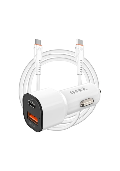 S-link Sl-ec38pd Typec To Typec Kablolu 38w Pd + Usb Qc3.0 Beyaz Araç Şarj Cihazı