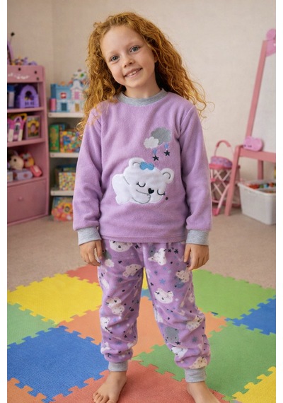 Kız Çocuk Kadife Polar Desenli Pijama Takımı 1680 Lila Lila
