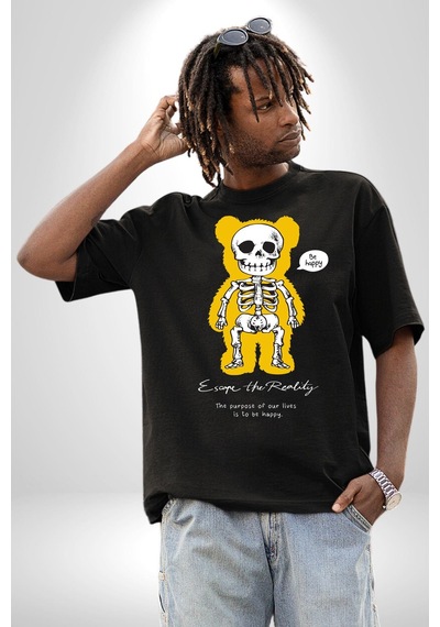Mutlu Ol Pamuklu Bisiklet Yaka Unisex Oversize Boyfriend Dijital Baskılı Siyah T-shirt Siyah