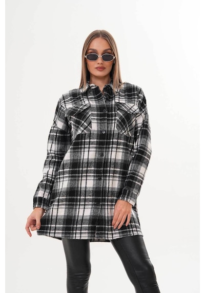 Polologin Butik Kadın Siyah Beyaz Çizgili Araboy Spor Gömlek Beyaz