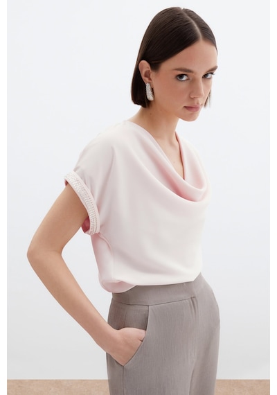 Sateen Kollar Taş Detaylı Salaş Bluz - Pudra-136465 Pudra