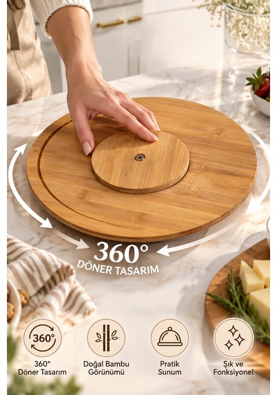 Porsima Pbt-342 360 Derece Döner Bambu Sunum Tepsisi 28 Cm - Yuvarlak Ahşap Peynir, Pasta & Kahvaltı Sunum Tahtası