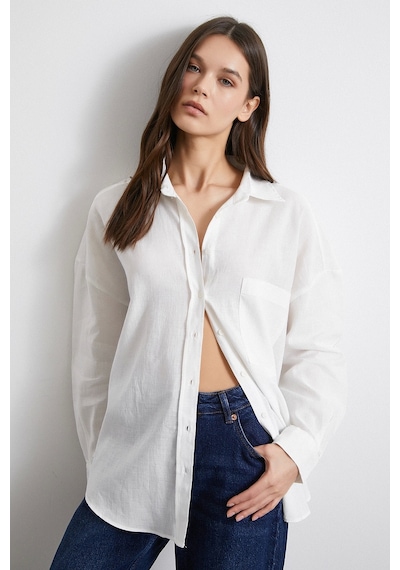 Never More Cepli Oversize Keten Gömlek Ekru Ekru