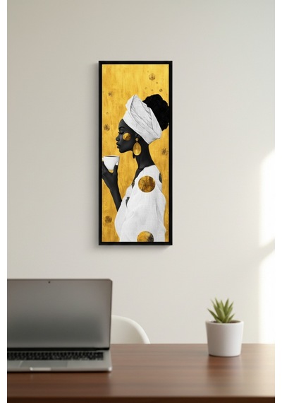 Afrikalı Kadın Kahve Temalı Dekoratif Duvar Tablosu 25x60 Cm Siyah Çerçeveli Modern Dikey Tablo