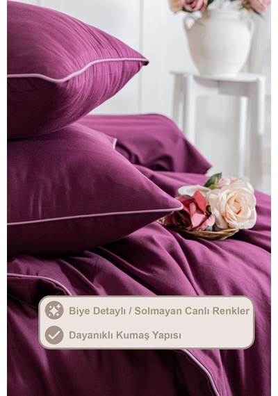 Elart Stark Nevresim Takımı Çift Kişilik %100 Pamuk Saten Biyeli 200x220 Cm Mürdüm Mürdüm